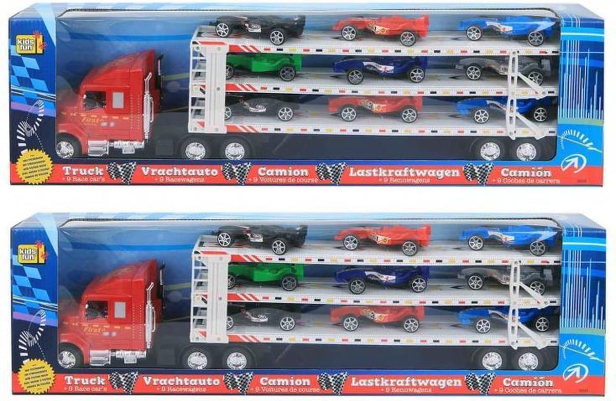 Jonotoys grande camion con rimorchio e 9 apos per auto da corsa; S su di esso, lungo 58 cm.