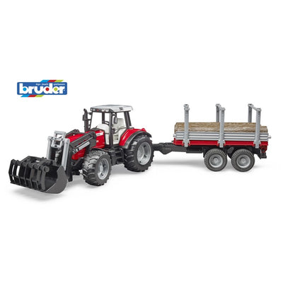 Bruder Massey Ferguson 7480 con cargador frontal y remolque de madera