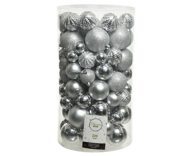 Tubo di palline di Natale Decoris da 100 pezzi in plastica argento