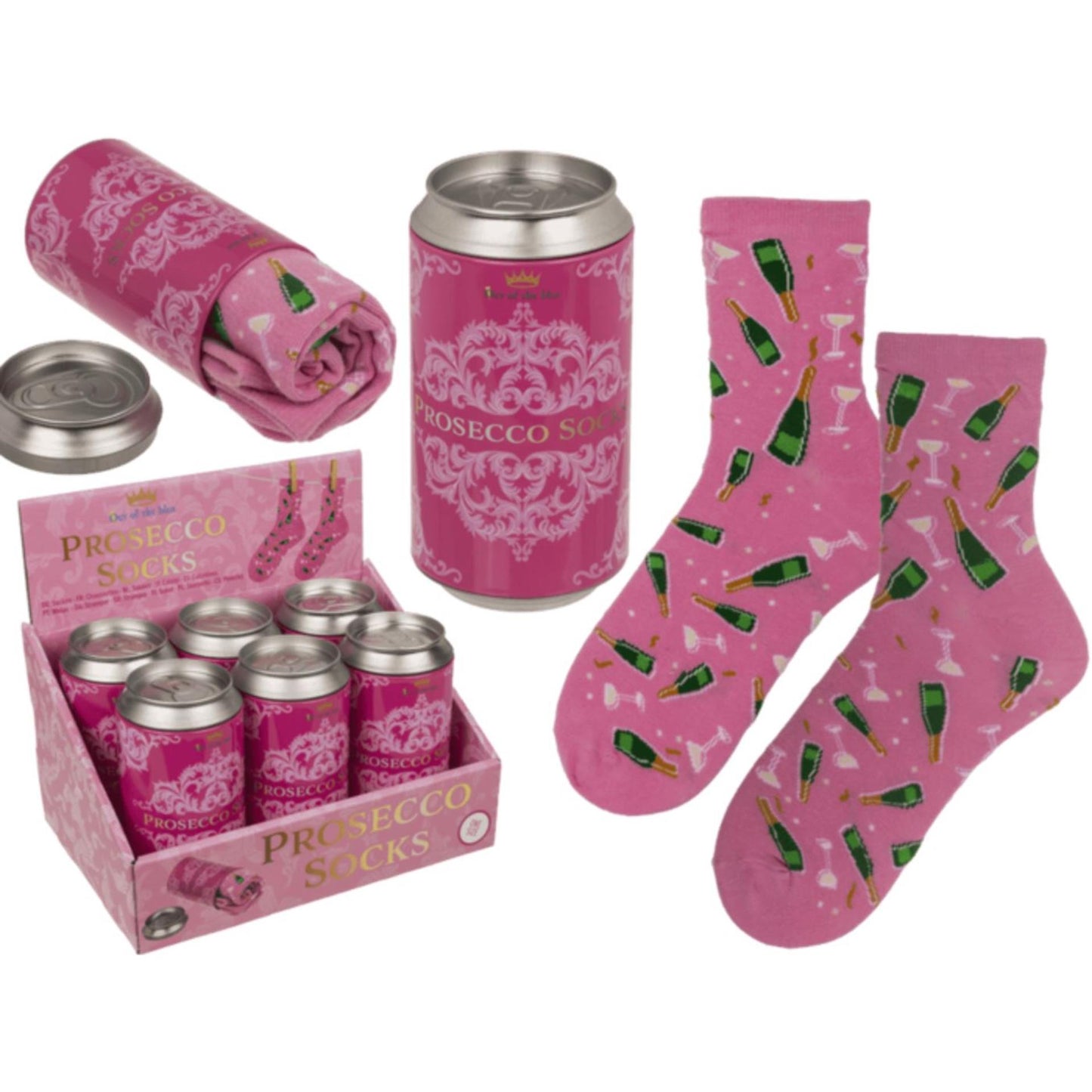 Calcetines de prosecco inesperados en una lata