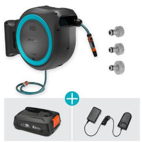 Gardena 35 m wand-slangenbox powerroll xl slanghaspel (grijs turquoise, 35 meter, accu en oplader inbegrepen, power for all alliance)