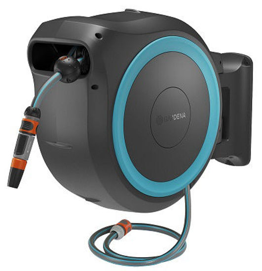 Gardena 35 m wand-slangenbox powerroll xl slanghaspel (grijs turquoise, 35 meter, accu en oplader inbegrepen, power for all alliance)