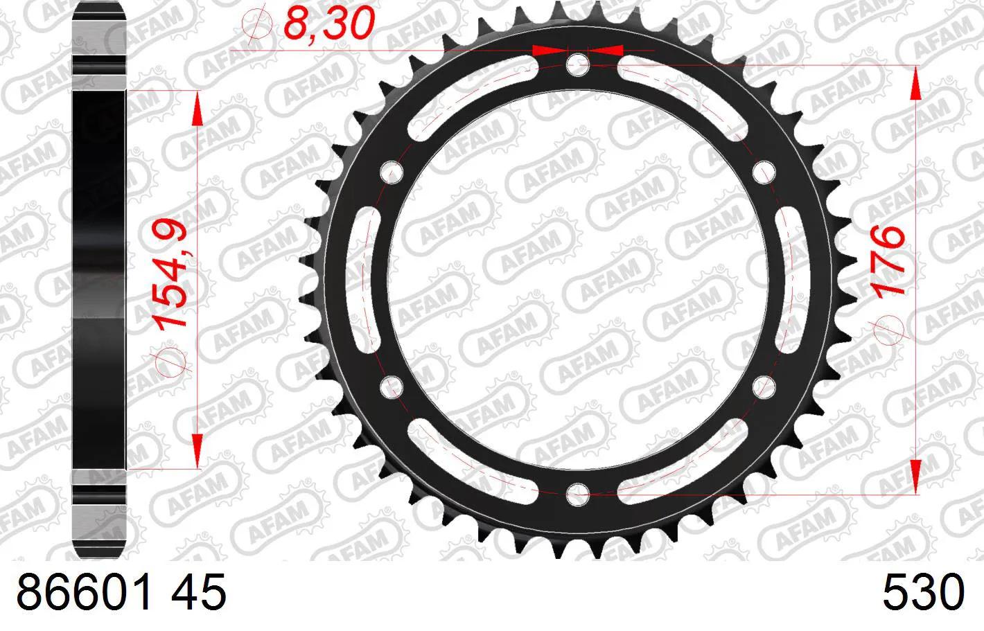 Rueda de la cadena Afam 530 45z de acero plateado