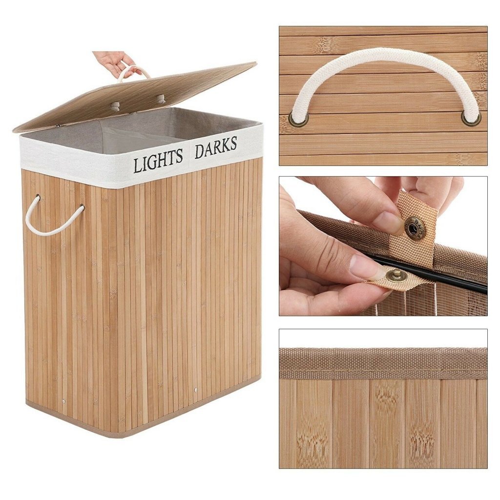 Basket per lavanderia di bambù rettangolare Homestyle Pro + Testo 52x32x63 cm Bianco naturale