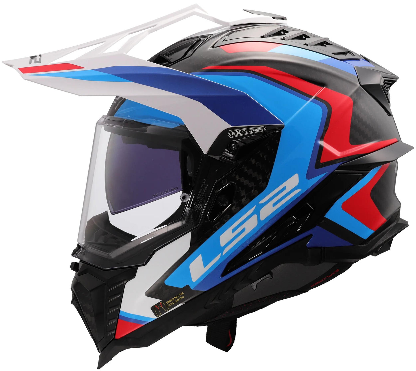 Ls2 enduro helmet mx701 explorer carbon frontier ii, internal sun visor, removable, washable, hypoallergenic and breathable, reinforced chin strap, rescue cheek pads, double d-lining helmet mx701 expl. car.fr.ii m wh blue bl