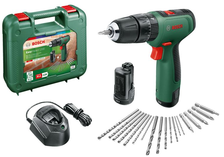 Imp bosch verde easyact 1200 | taladro atornillador de impacto inalámbrico | 2 posiciones | 12v | 2x baterías de 1,5 ah + cargador | en maletín de transporte - 06039d3105