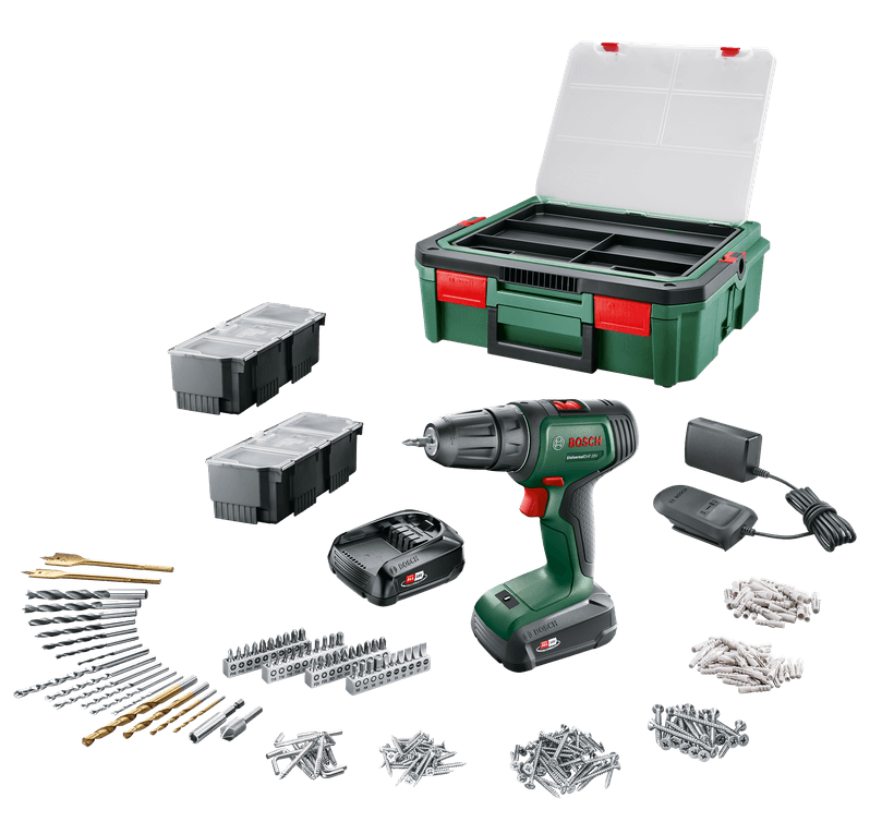Taladro universal Bosch verde 18v | taladro inalámbrico | 2 baterías de 1,5 ah + cargador | incluido accesorios + caja del sistema - 06039d4003