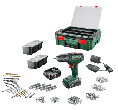 Bosch groen universal drill 18v | accuschroefboormachine | 2 x 1.5 ah accu + lader | incl. accessoires + systembox - 06039d4003