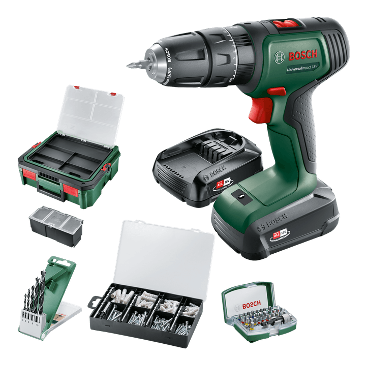 Imp bosch verde universalact 18v | taladro atornillador de impacto inalámbrico | Batería 1,5 ah + 2,5 ah + cargador | + caja del sistema y accesorios 06039d4107