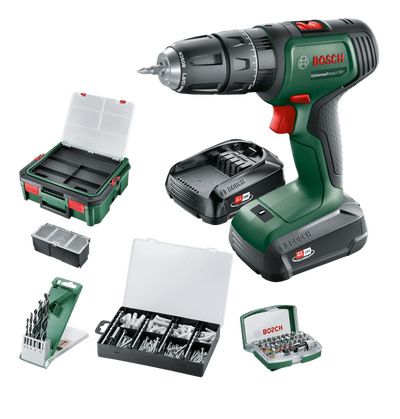 Bosch groen universalimpact 18v | accuklopboorschroevendraaier | 1.5 ah + 2.5 ah accu + lader | + systembox en accessoires 06039d4107