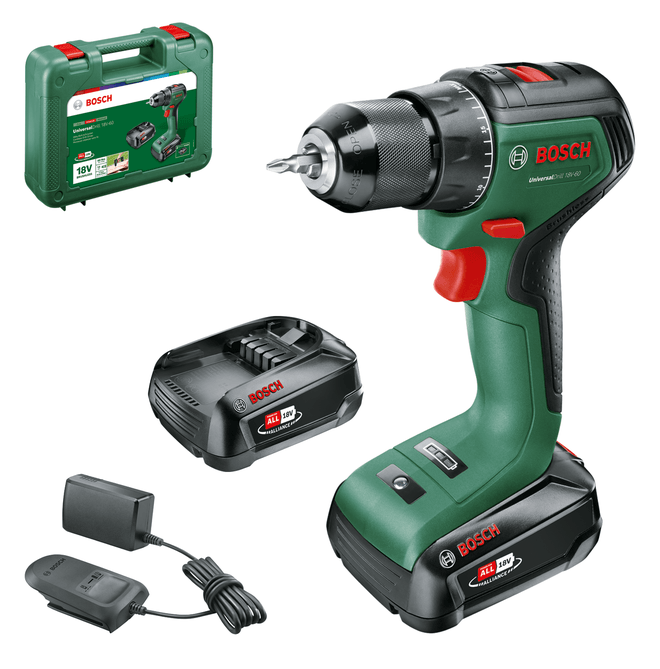 Bosch green universaldrill 18v-60 | cordless drill with two settings | 2 x 2.0 ah battery + charger 06039d7002