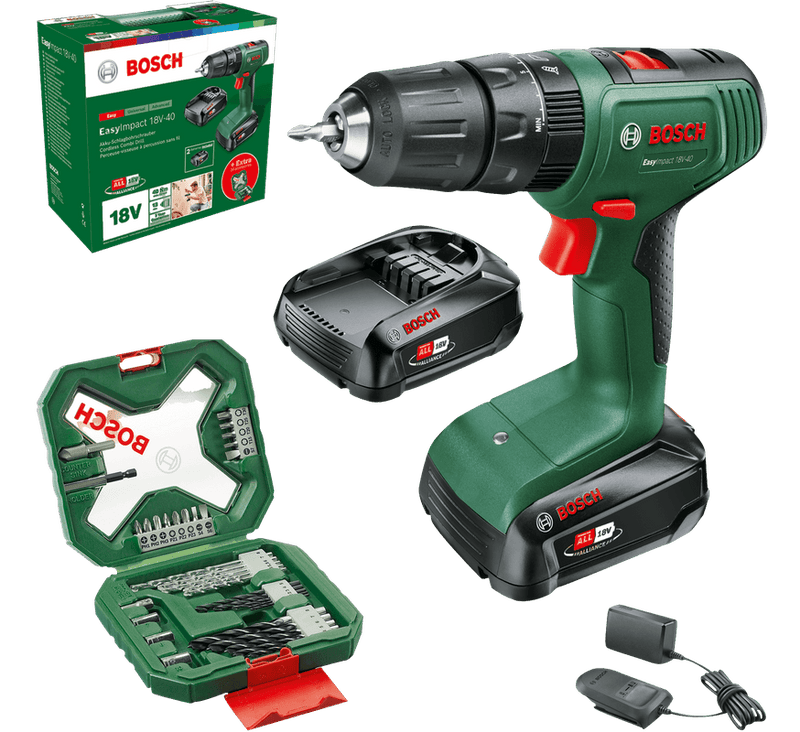 Imp bosch groen easyact 18v-40 | accuklopboorschroevendraaier | 2 x 2.0 ah accu + snellader + accessoires - 06039d8109