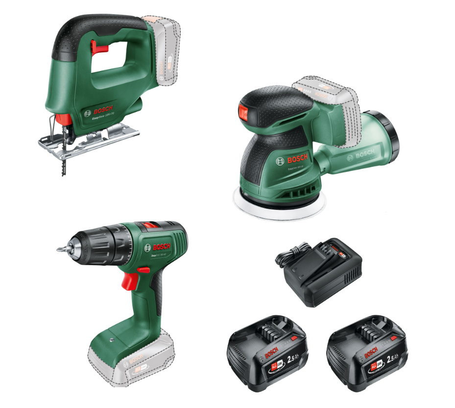 Kit de herramientas Bosch batería verde combipack easydrill 18v-40 + easysaw 18v-70 + easyorbit 18v-10 | incluidos 2x 18v 2,5 ah + cargador | en bolsa - 0615a500a9