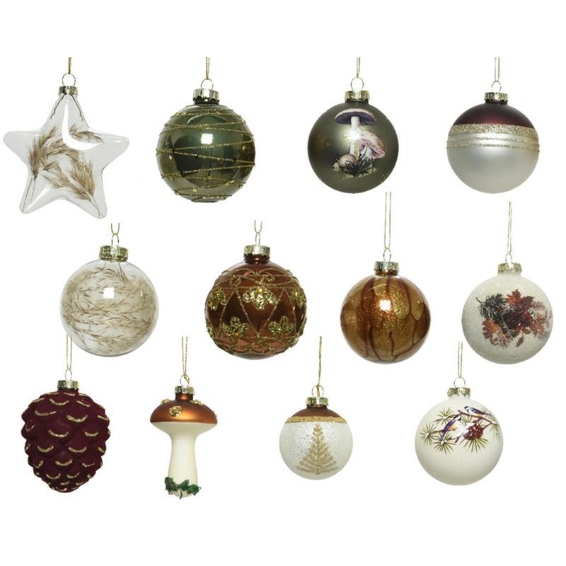 Decoris kerstballen mix glas 12 stuks natuur