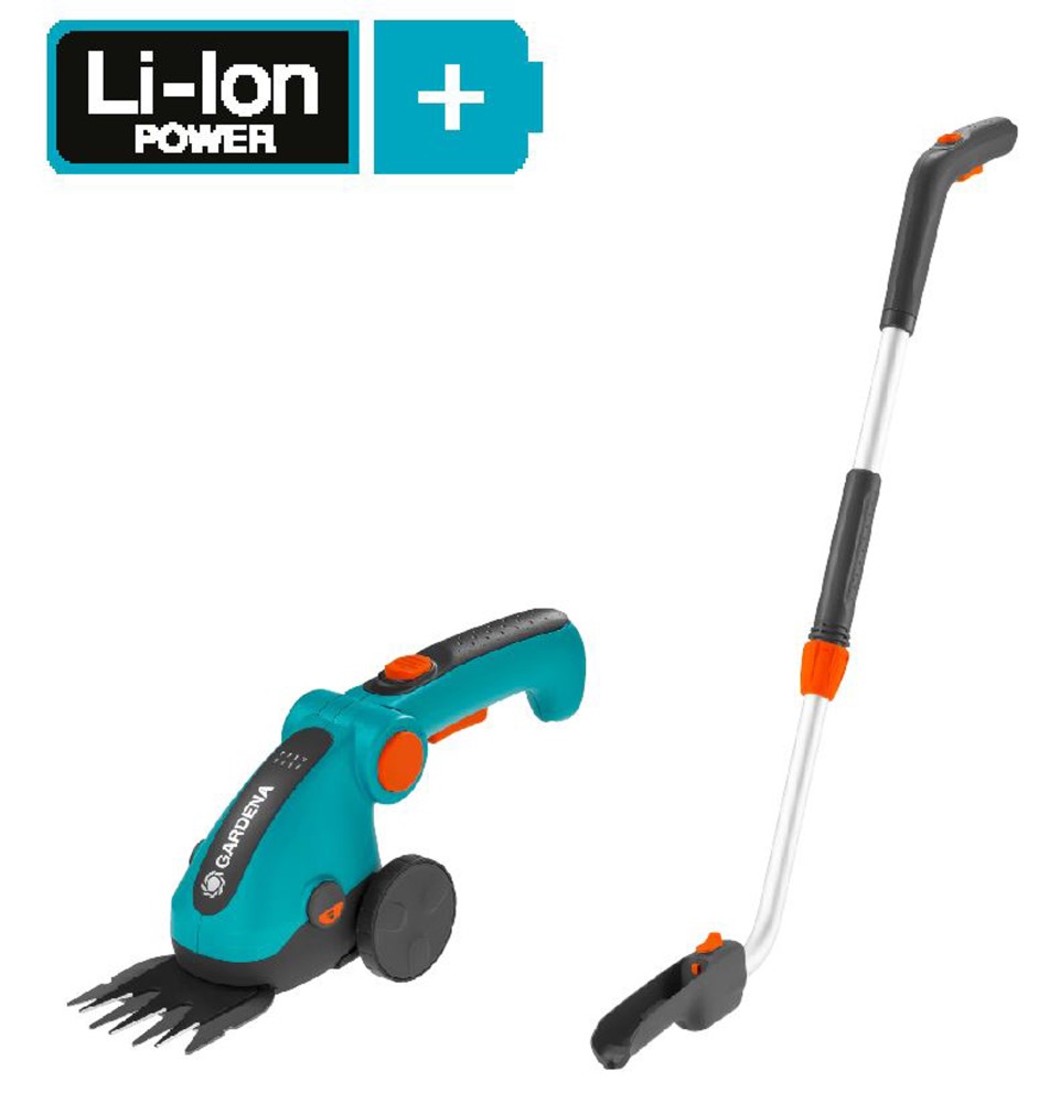 Gardena accugrasschaar comfortcut li set (turquoise zwart, incl. li-ion-accu 3,0ah, wielen en een telescopische steel)