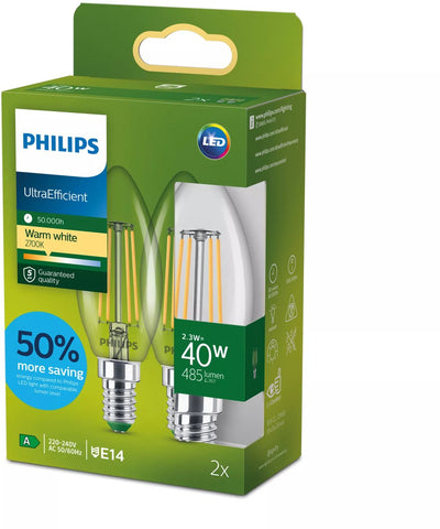Philips LED Lámpara vela LED Philips ultra eficiente transparente - 40 W - E27 - luz blanca cálida