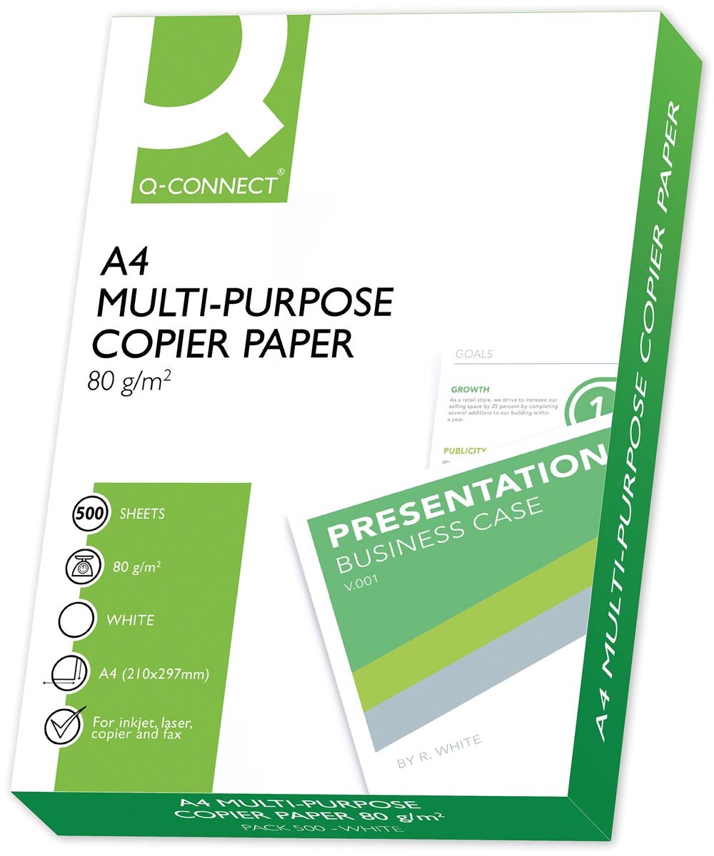 Q-connect kopieerpapier, ft a4, 80 grams, doos met 5 pakken van 500 vel, wit