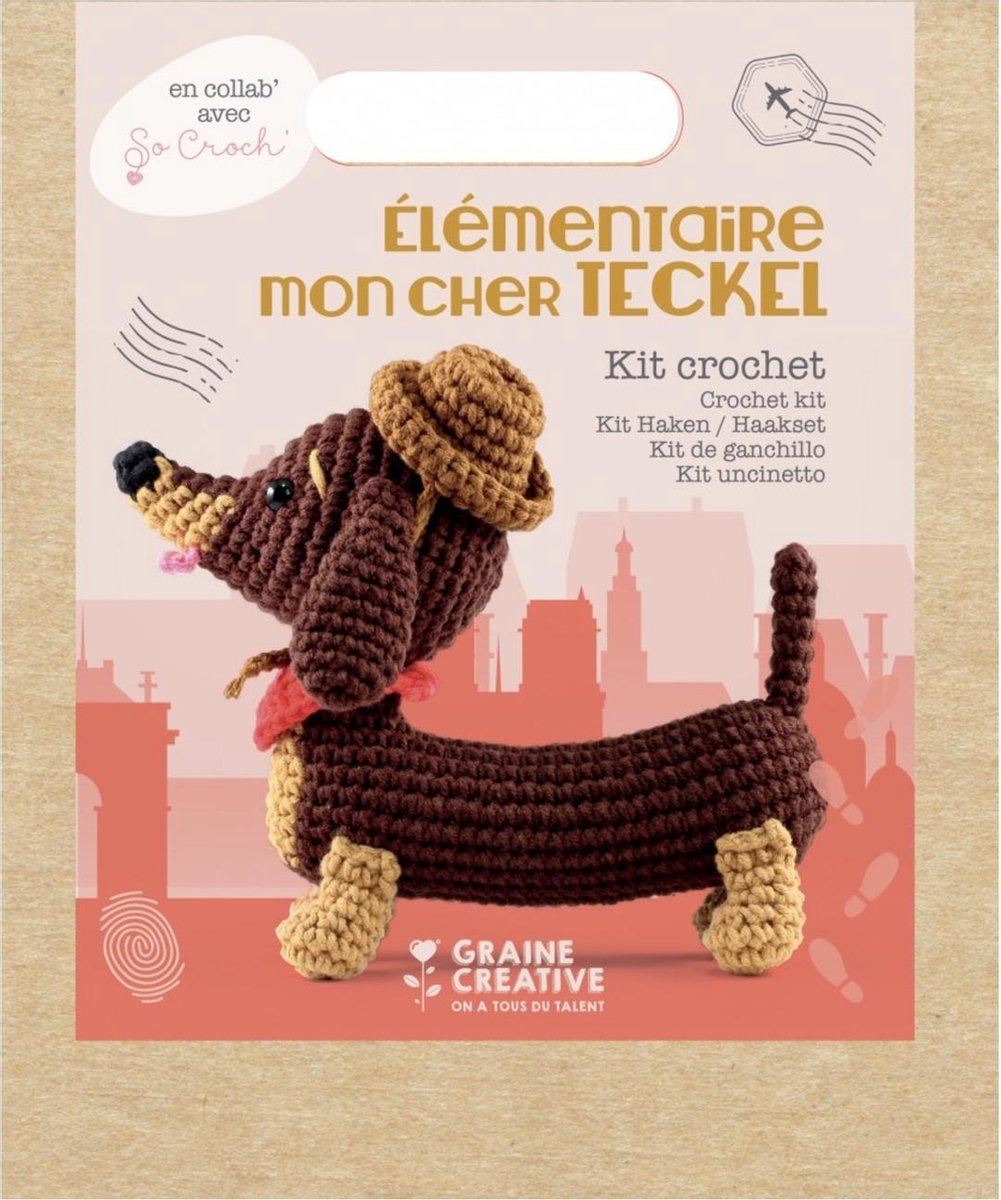 Graine créative crochet kit perro salchicha amigurumi - perro de peluche 18 cm - regalo