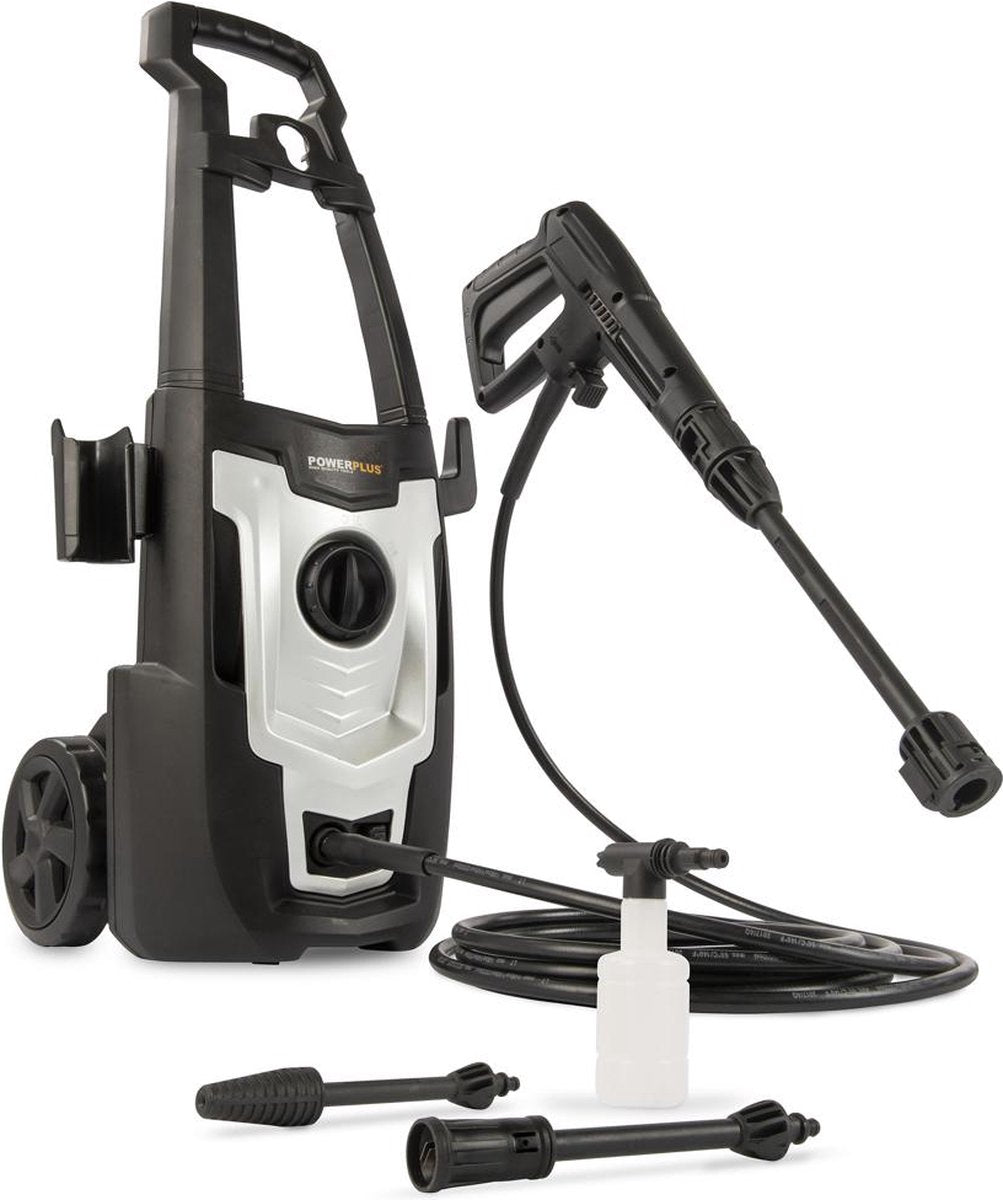 Powerplus electric high-pressure cleaner powxg90405 - 1400 w patio cleaner, start stop function, max. pressure of 110 bar and temperature of 50 °c, 5 m hose and accessories included, cleaning cars, furniture and bicycles