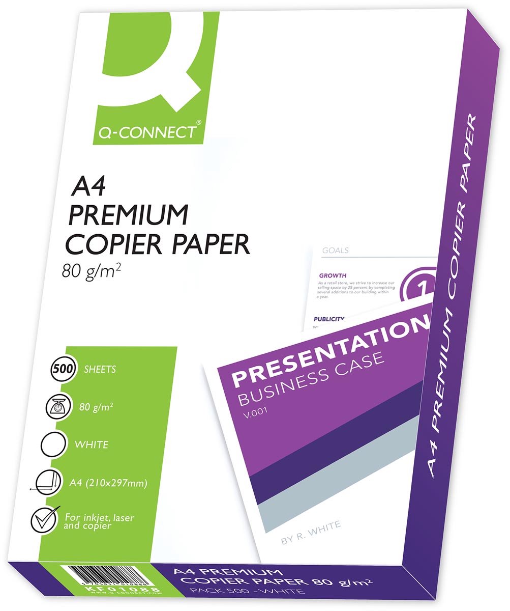 Q-connect premium kopieerpapier, a4, 80 grams, doos met 5 pakken van 500 vel, wit