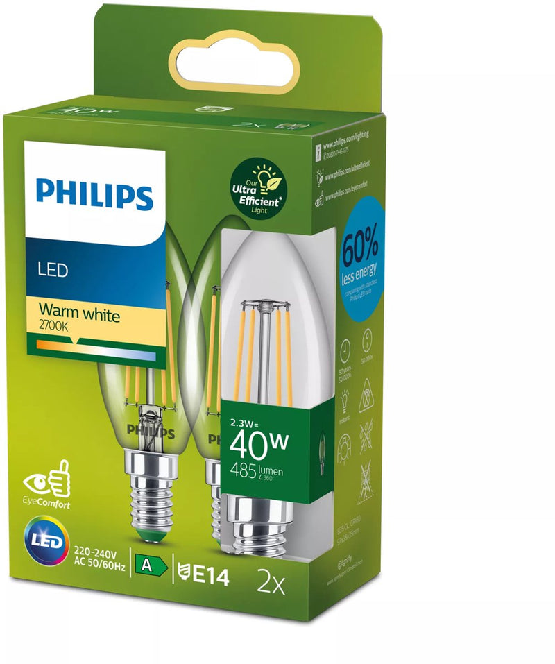 Philips LED Lampada a candela LED Philips ultra efficiente trasparente - 40 W - E27 - luce bianca calda