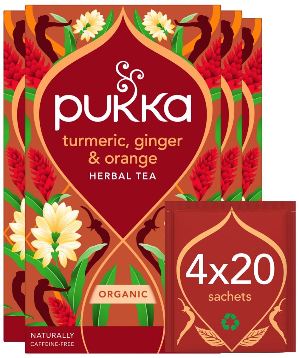 Tè Pukka curcuma, zenzero e arancia - 80 bustine di tè - tisana biologica - zenzero curcuma - 4 x 20 bustine - confezione risparmio di tè