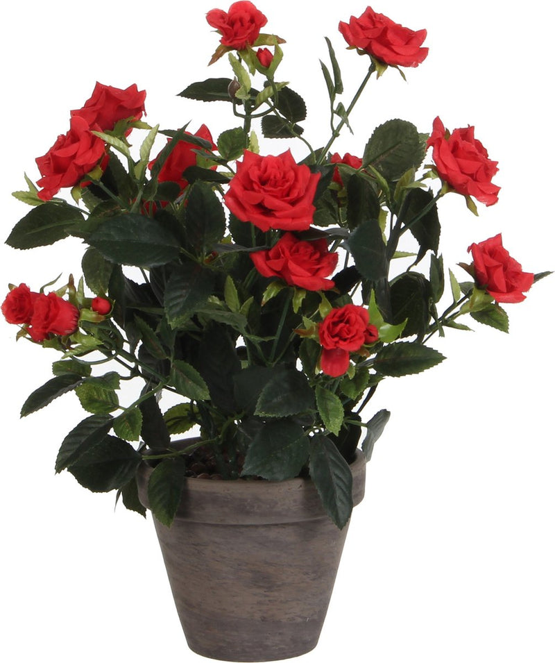 Planta artificial decorativa de mica - rosas - rojas - en maceta gris - 33 cm