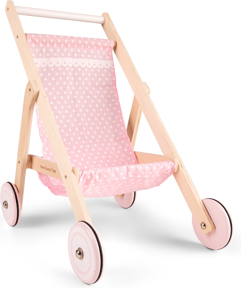 Woet ® carrozzina per bambole in legno - carrozzina per bambole rosa con punti - altezza di spinta 50 cm - accessorio per bambole per giochi di ruolo - da 3 anni