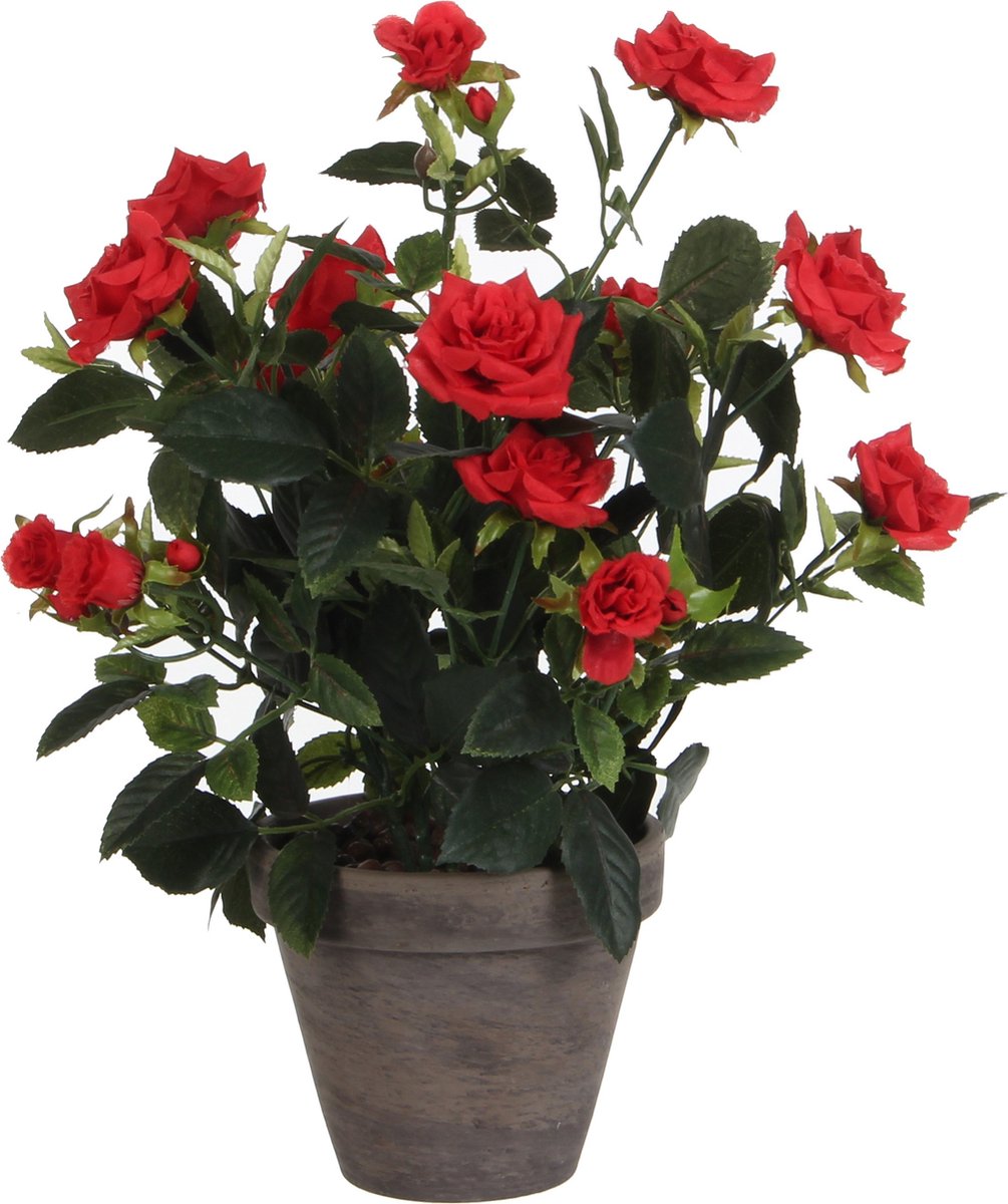 Mica decorations kunstplant - rozen - rood - in grijze pot - 33 cm