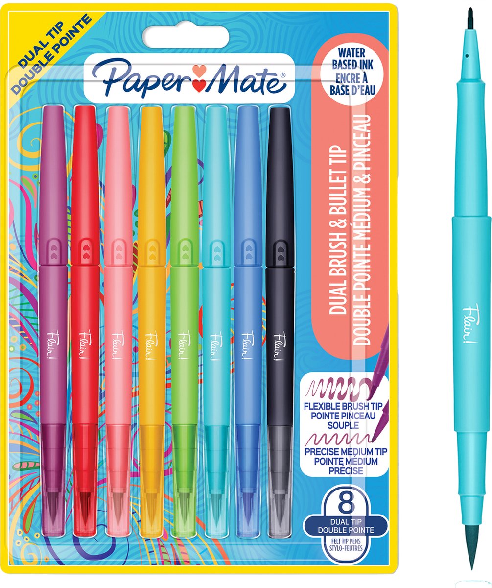 Pennarello doppio Paper Mate Flair | pennello e estremità media (0,7 mm) | penne colorate con doppia punta | vari colori | 8 pezzi