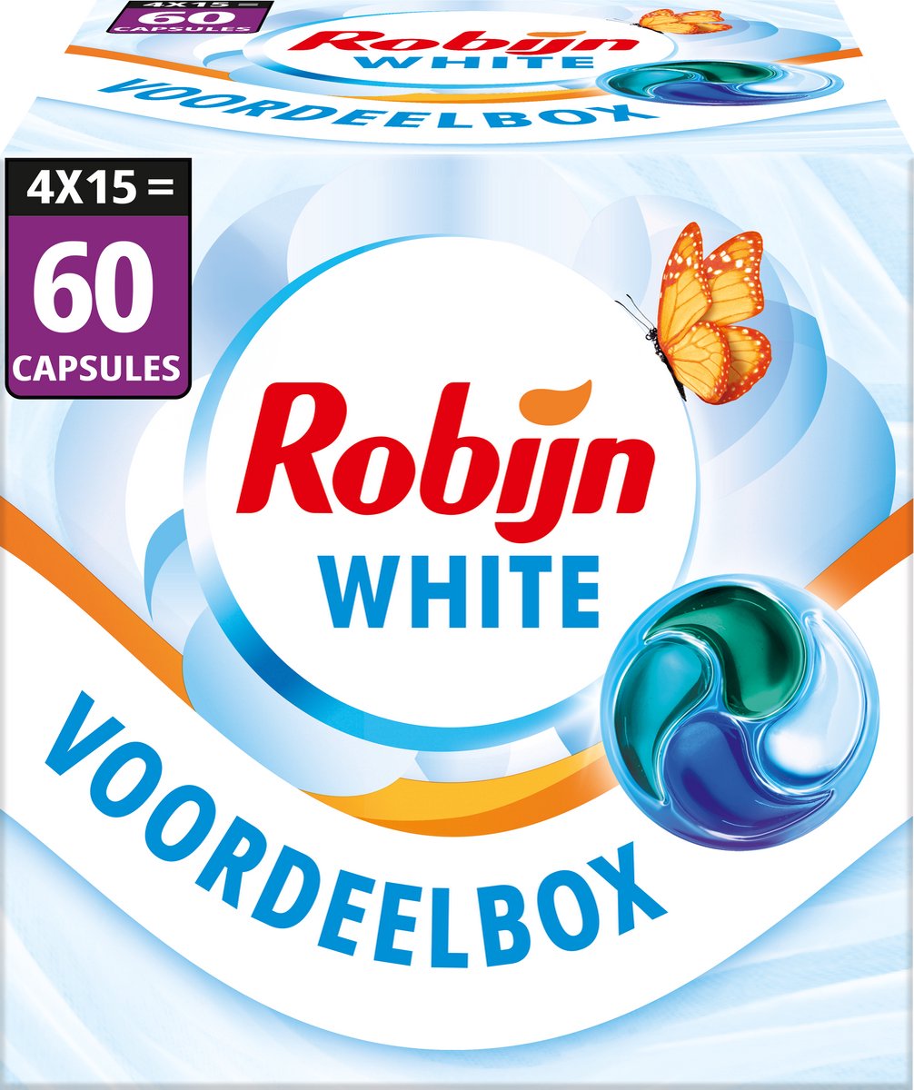 Detersivo Robijn - Capsule lavaggio 4 in 1 - bianco brillante - 4 x 15 pezzi - 60 lavaggi - confezione risparmio