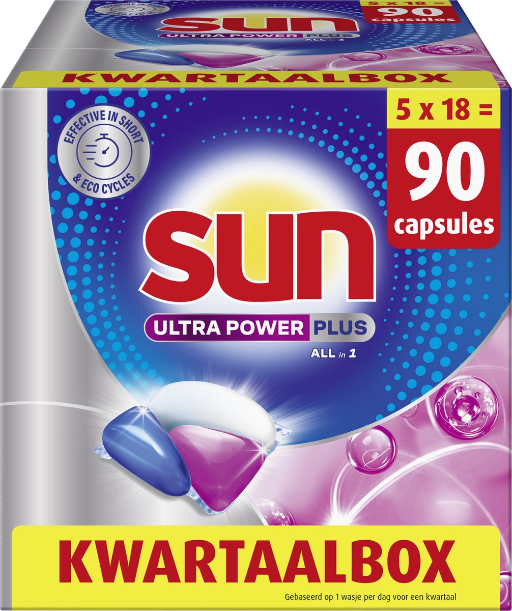 Sun - pastiglie lavastoviglie - ultra power plus - all-in 1 - 90 capsule - scatola trimestrale