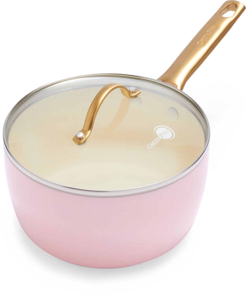 Greenpan Padova pink ceramic induction saucepan with lid 18cm - pfas-free - induction saucepan - oven safe up to 200°c - dishwasher safe - stainless steel handles - with lids - pink