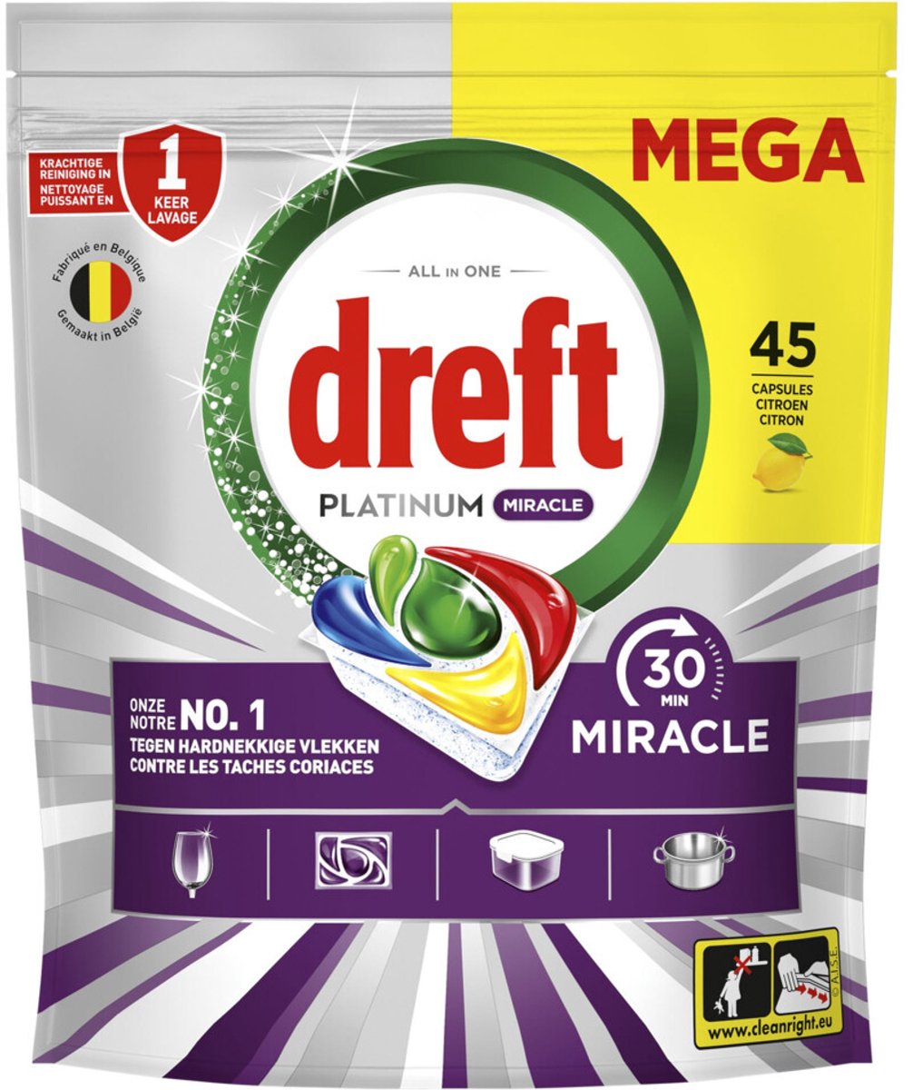 Dreft platinum miracle all in one vaatwastabletten - 30 minute miracle - 45 stuks