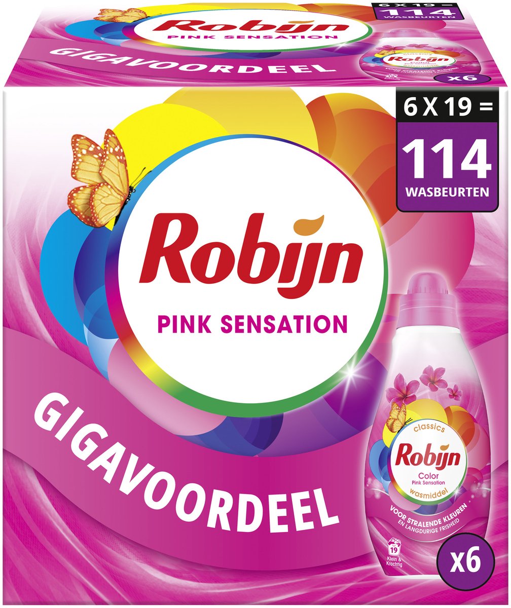 Robijn - detersivo liquido - piccolo potente - sensazione rosa - 6 flaconi - 114 lavaggi