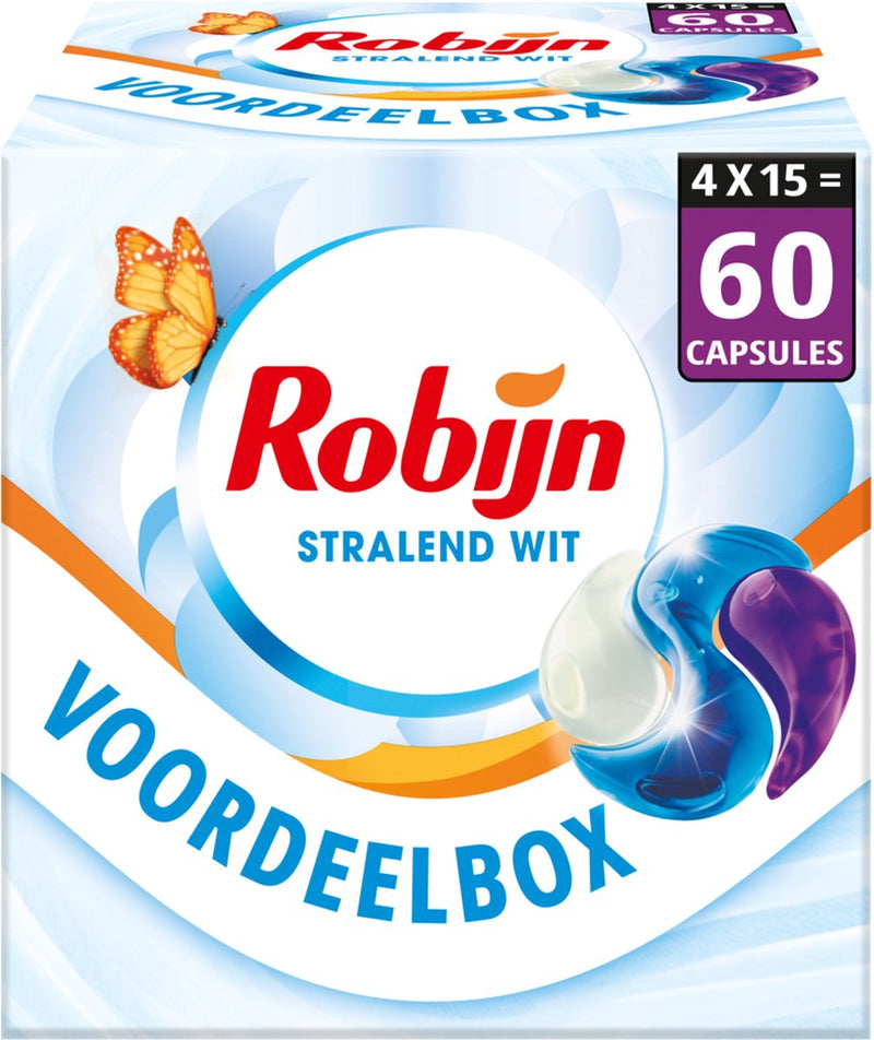 Robijn - detersivo - capsule di lavaggio 3 in 1 - bianco brillante - 4 x 15 pezzi - 60 lavaggi - confezione risparmio