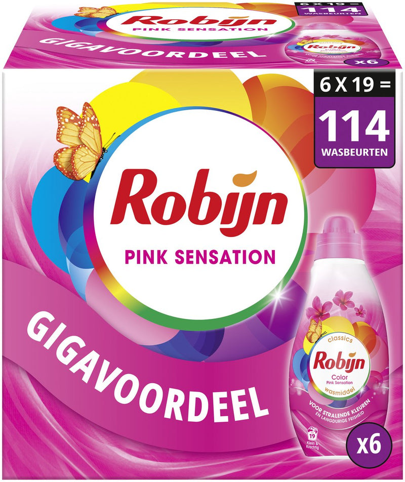 Robijn - detergente líquido - pequeño potente - sensación rosa - 6 botellas - 114 lavados