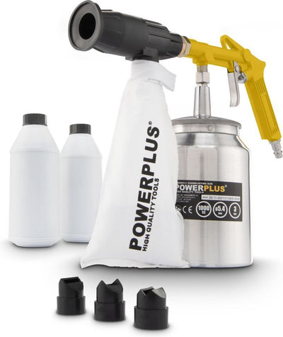Pistola neumática de chorro de arena Powerplus powair0014 - presión de trabajo: 3 bar - 170 l min - capacidad del depósito: 1000 cc - incl. 5 accesorios y 2 x 1 kg de polvo de óxido de aluminio