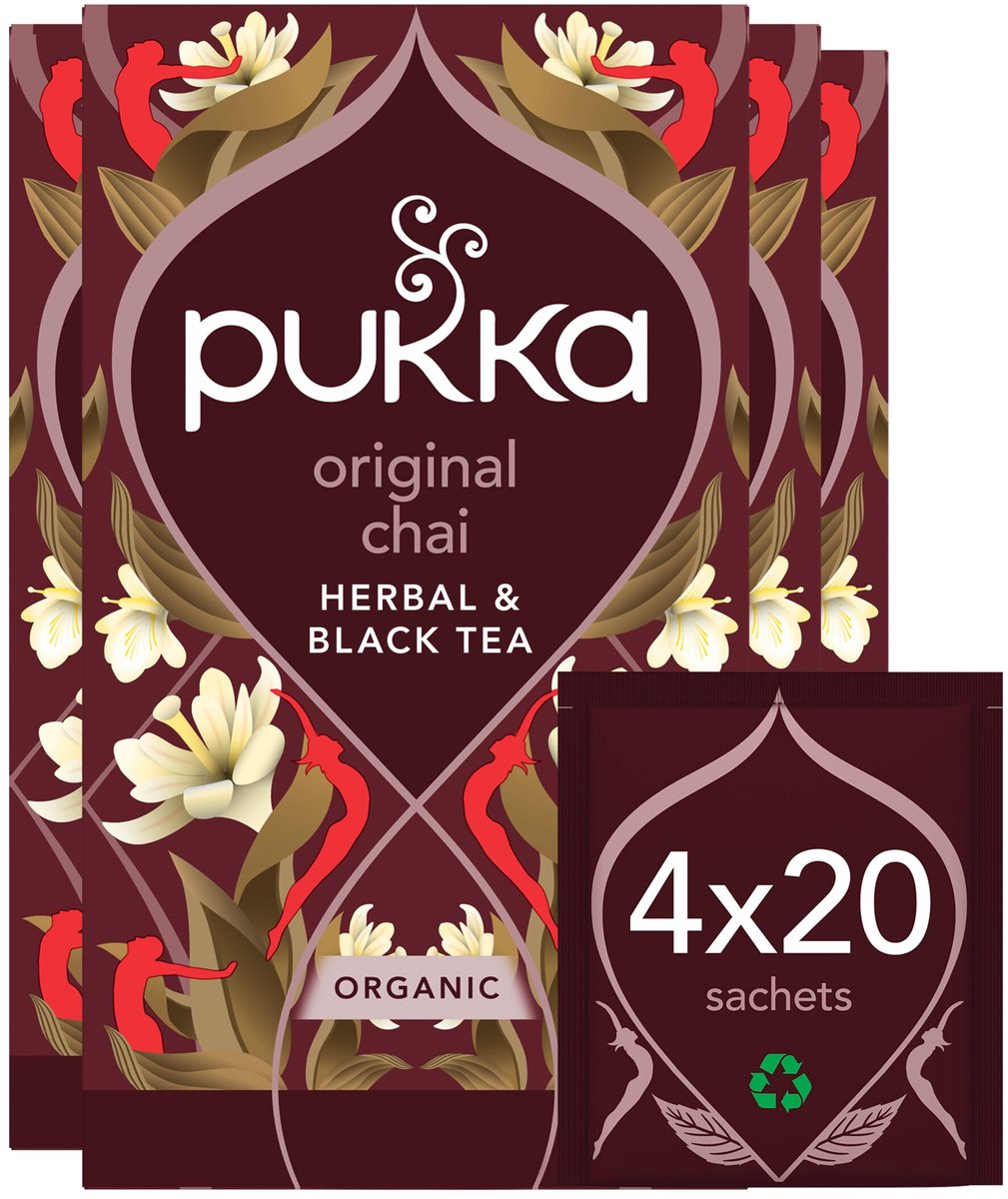 Pukka tea original chai - 80 bustine di tè - tisana biologica - 4 x 20 bustine - confezione risparmio di tè