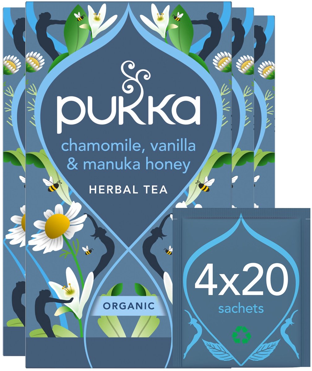 Pukka tè camomilla vaniglia miele di manuka - 80 bustine di tè - tisana biologica - camomilla - 4 x 20 bustine - confezione risparmio di tè