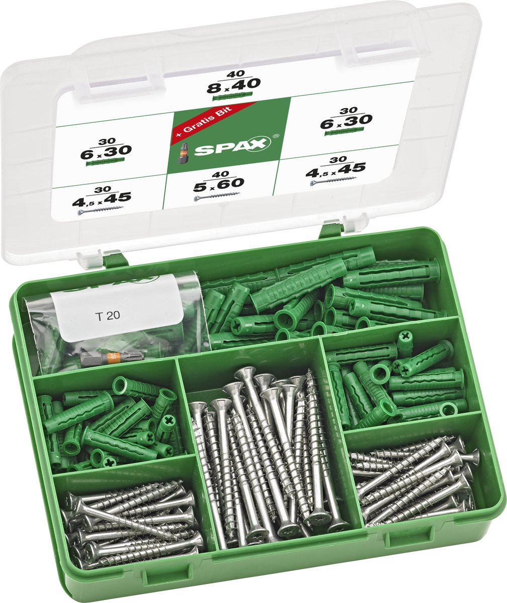 Gamma indoor Spax, set viti con 2 misure + tasselli, 200 pezzi, testa svasata, t-star plus, wirox - 5000009100109