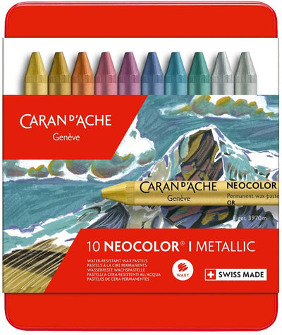 Caran d'ache neocolor i - pasteles de cera metalizados en caja de metal - 10 colores