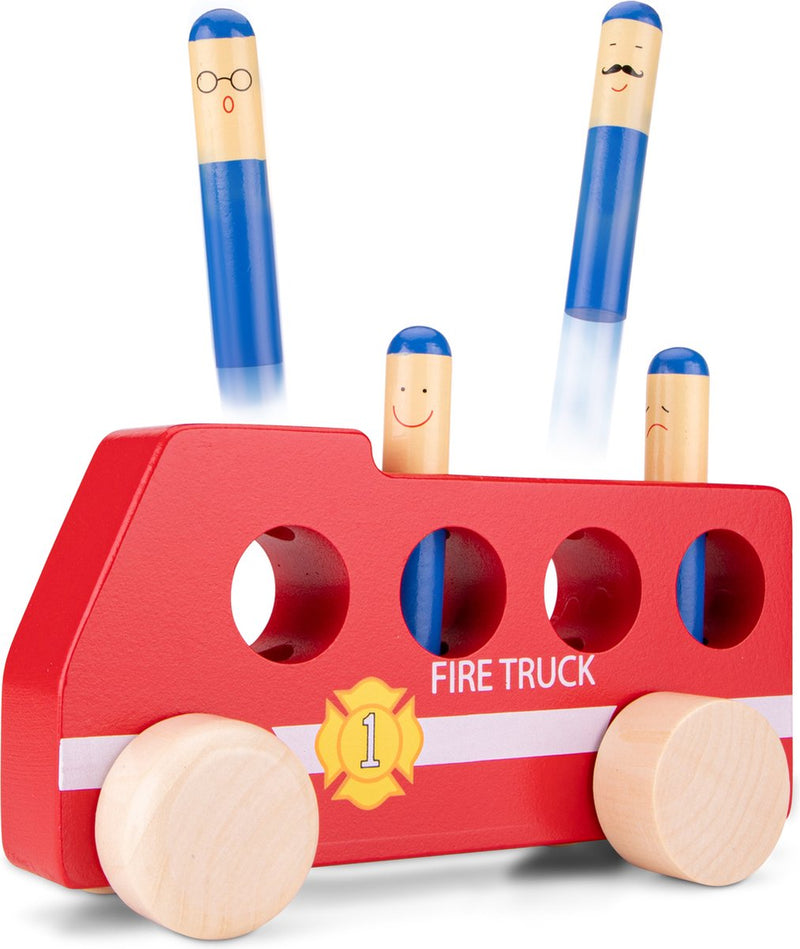Woet ® camion dei pompieri pop-up in legno - camion dei pompieri rosso con vigili del fuoco - veicolo giocattolo fsc - gioco d'azione - giocattoli educativi - da 2 anni