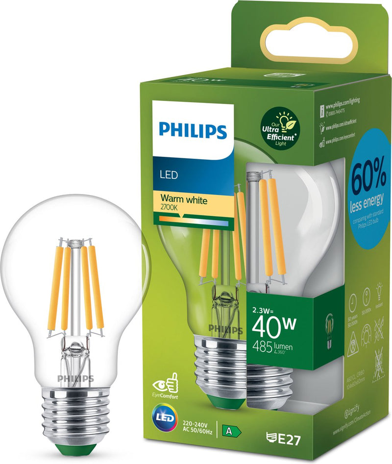 Philips LED Lampada LED Philips ultra efficiente trasparente - 60 W - E27 - luce bianca calda