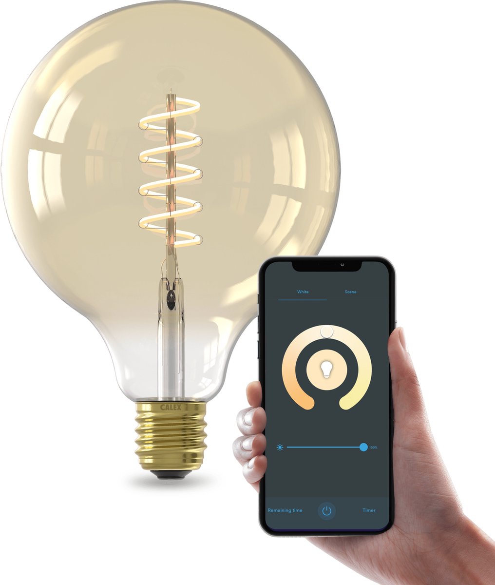 Calex slimme led lamp - e27 - wifi verlichting - filament - globe 12.5cm - smart lichtbron goud - dimbaar - warm wit licht - 7w