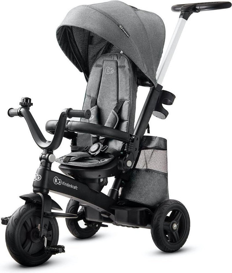 Triciclo Kinderkraft easytwist - para niños a partir de 9 meses - asiento giratorio 360°, regulable y plegable, con parasol y espacio de almacenamiento - gris