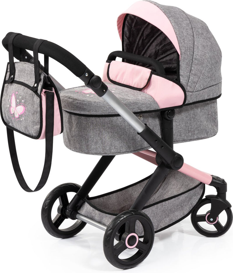 Design Bayer - carrozzina per bambole combinata xeo, borsa, jeans grigio, rosa