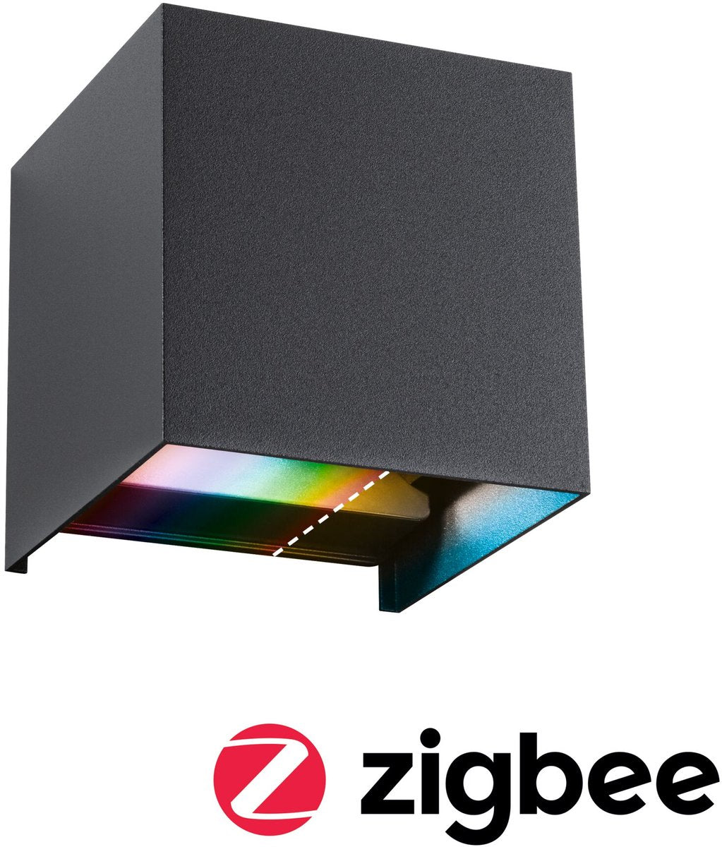 Paulmann Aplique LED smart home Zigbee 3.0 Cybo IP44 angular 100x100 mm RGBW+ 2x2.5W 2x150lm 230V antracita aluminio
