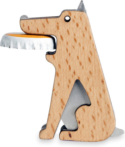 Abridor de botellas Kikkerland - para botellas de cerveza y botellas de vidrio - acero inoxidable - madera de haya - en forma de perro - fabricado en acero inoxidable y madera de haya - magnético
