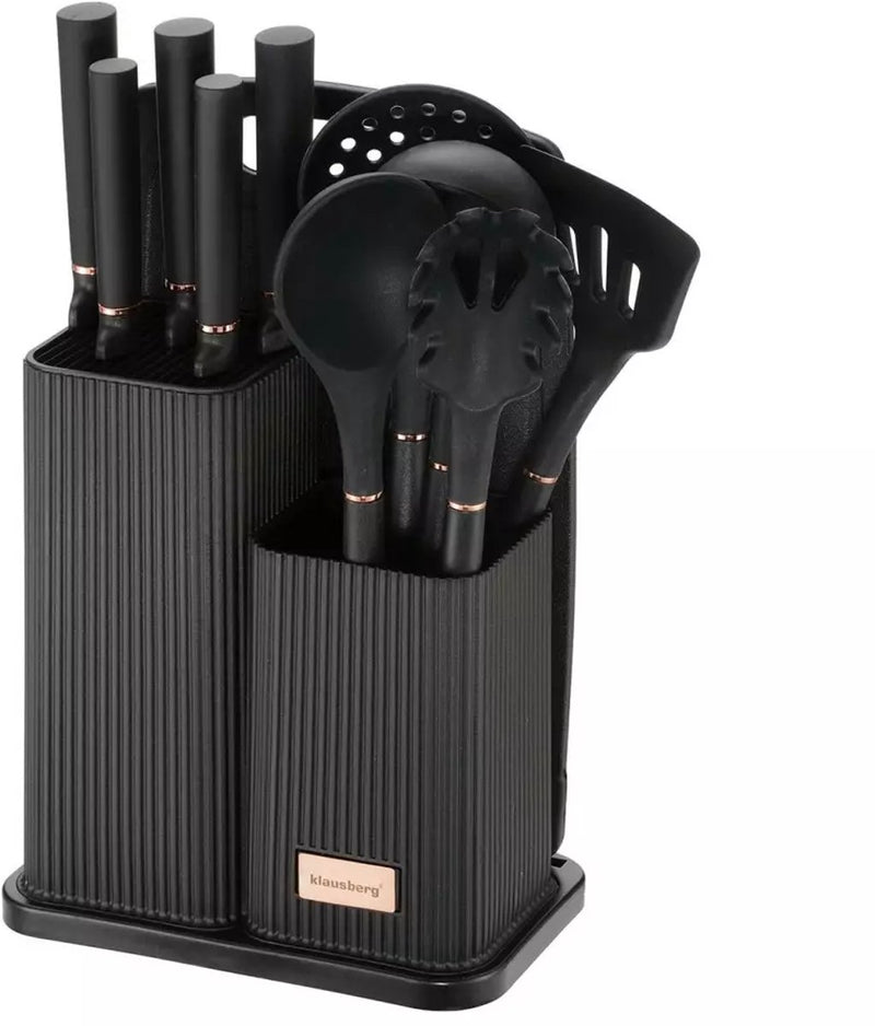 Set da cucina Klausberg da 12 pezzi con coltelli, utensili e tagliere - nero - incluso ripiano